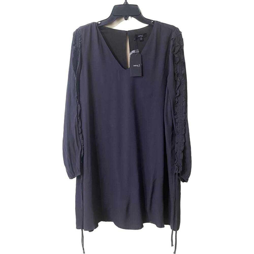 VERY J Charcoal Long sleeve ruffle ties, V Neck full Lining Dress Size Medium